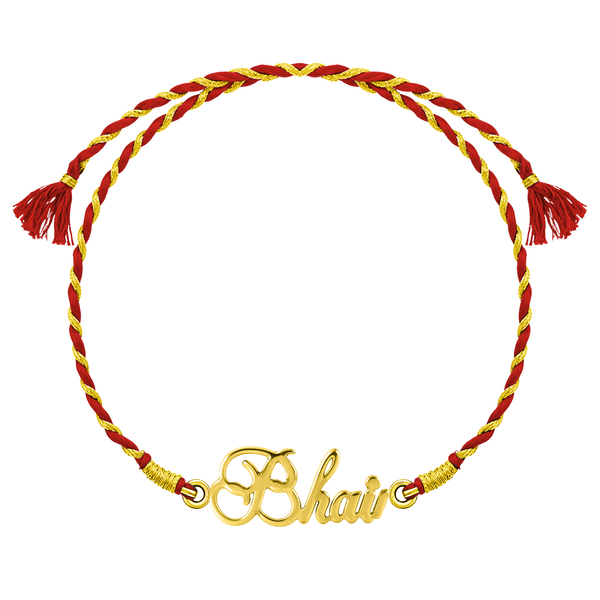 A 925 sterling silver rakhi for brother with an 18K gold finish 'Bhai' motif on a twisted red and gold thread, shown on a white background.