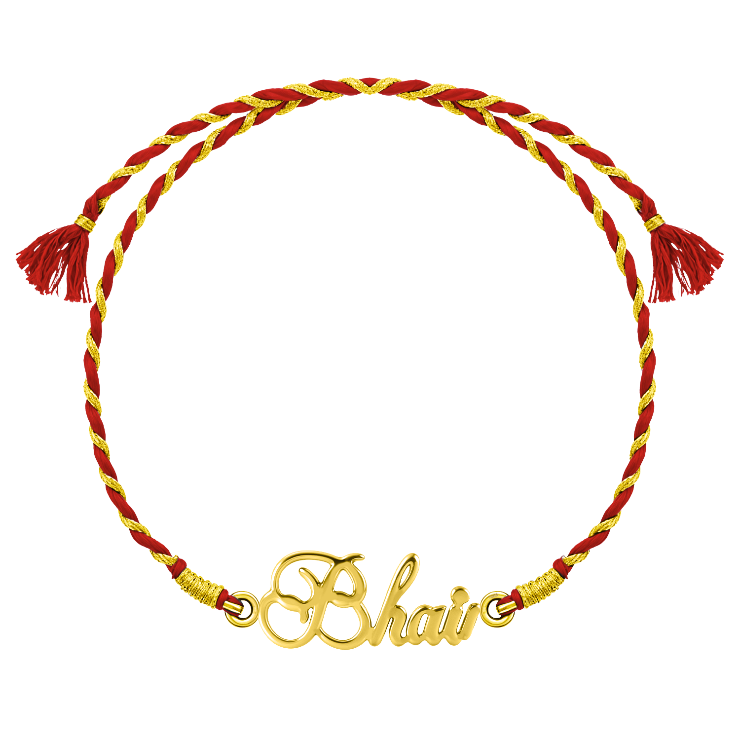 A 925 sterling silver rakhi for brother with an 18K gold finish 'Bhai' motif on a twisted red and gold thread, shown on a white background.