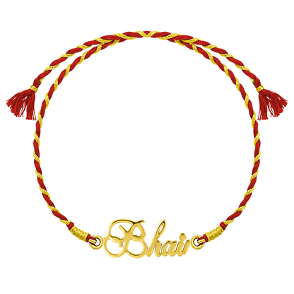 A 925 sterling silver rakhi for brother with an 18K gold finish 'Bhai' motif on a twisted red and gold thread, shown on a white background.