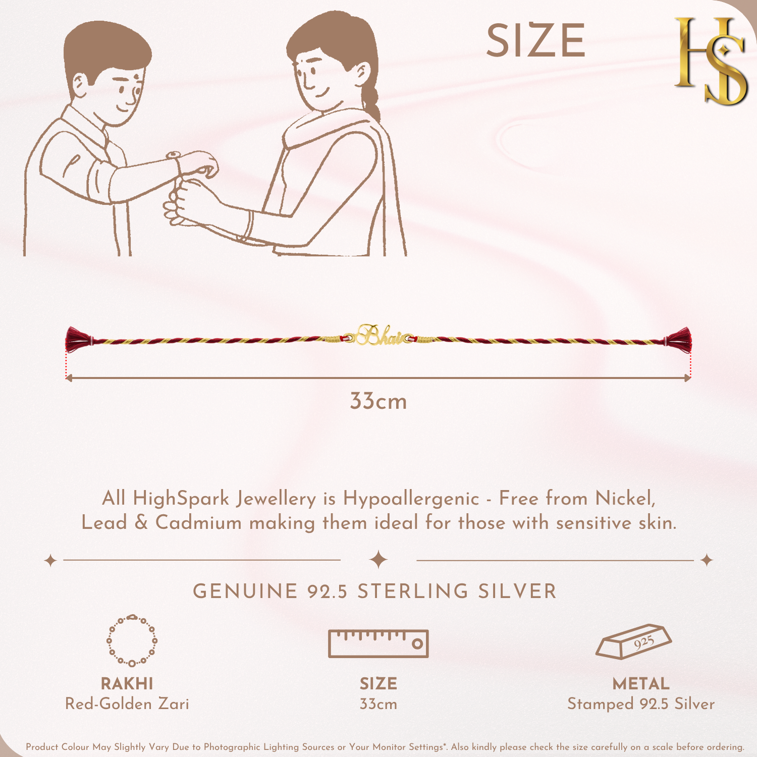 An 18K gold-plated 925 sterling silver rakhi for brother with a 'Bhai' motif on a red and golden zari thread, shown on a pink background.