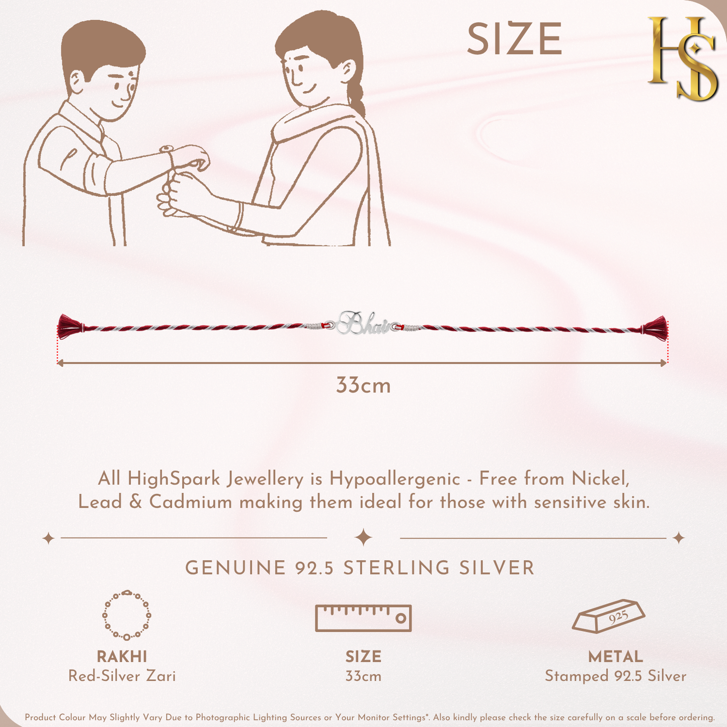 An infographic showing a 925 sterling silver rakhi for brother with a 'Bhai' motif on a red and silver twisted thread.
