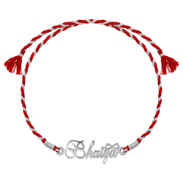 A 925 sterling silver rakhi for brother featuring a 'Bhaiya' motif on a braided red and silver thread, shown on a white background.