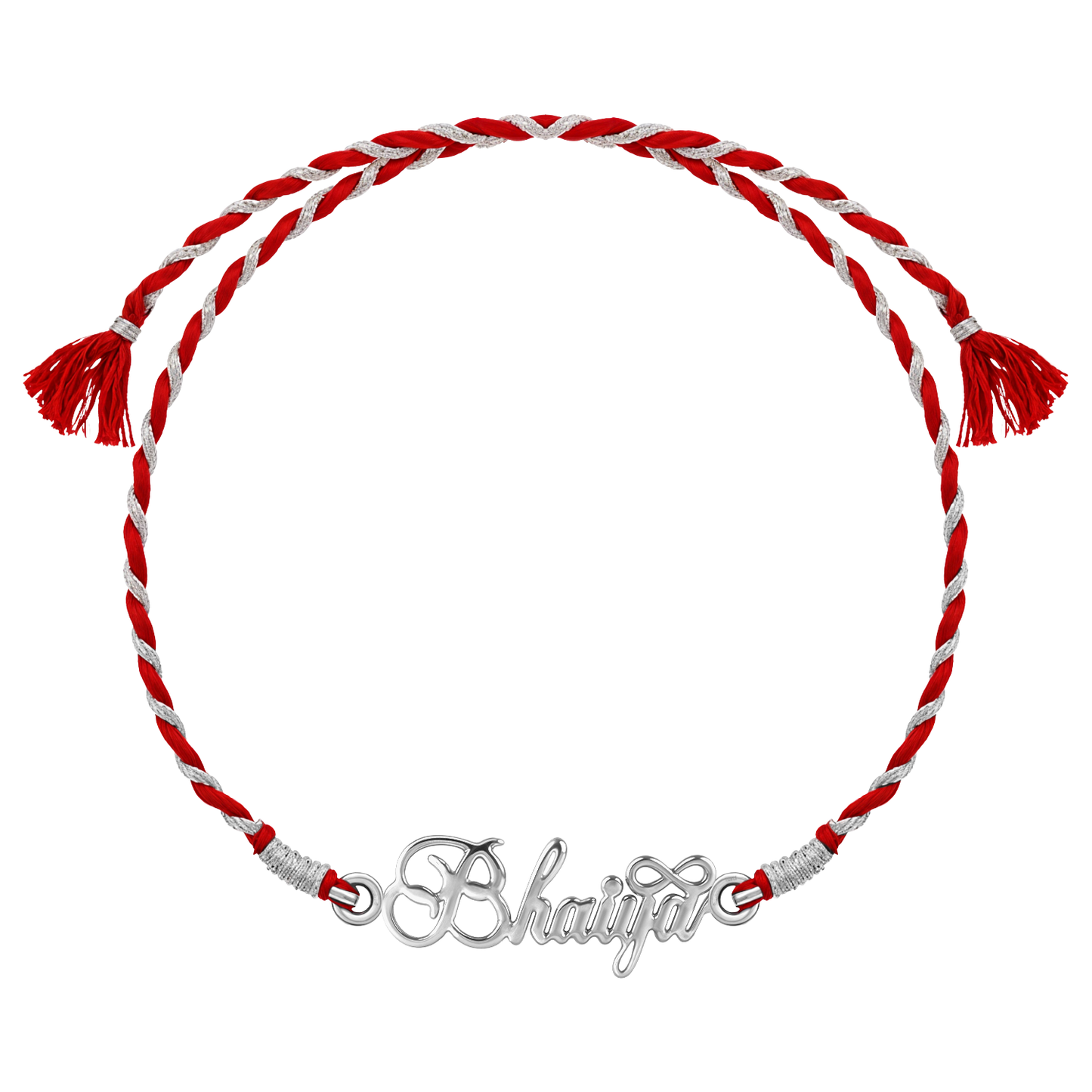 A 925 sterling silver rakhi for brother featuring a 'Bhaiya' motif on a braided red and silver thread, shown on a white background.