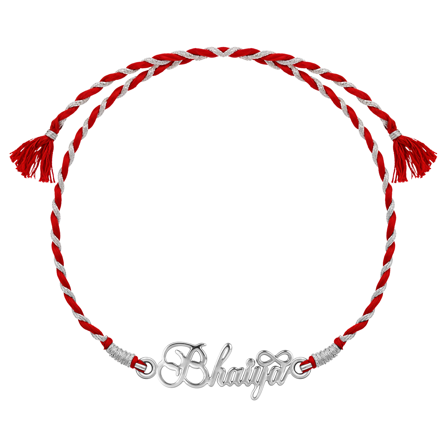 A 925 sterling silver rakhi for brother featuring a 'Bhaiya' motif on a braided red and silver thread, shown on a white background.