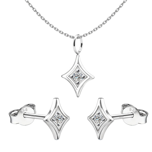 A sterling silver jewellery set with a kite-shaped pendant necklace and matching stud earrings, each with a central American diamond.