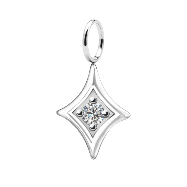 A four-pointed star-shaped pendant with a central round American diamond and four silver beads, in sterling silver on a white background.