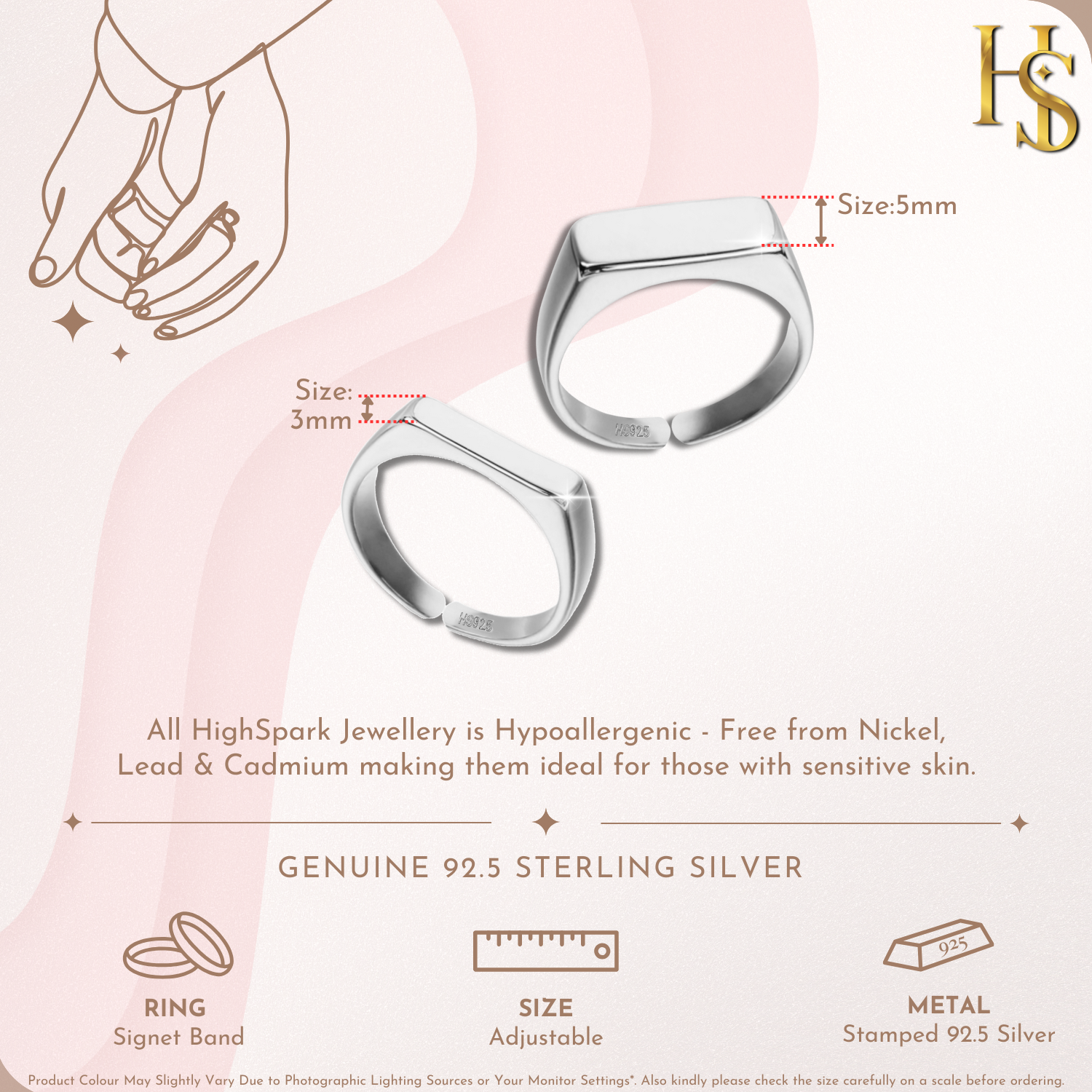 Infographic showing two adjustable sterling silver signet rings, with callouts indicating the face widths are 3mm and 5mm.