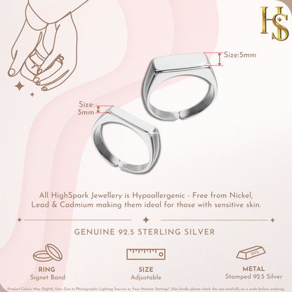 Infographic showing two adjustable sterling silver signet rings, with callouts indicating the face widths are 3mm and 5mm.