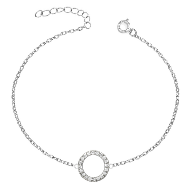 A sterling silver anklet with a central open circle motif paved with tiny American diamonds, shown on a white background.