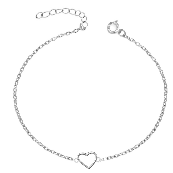 A sterling silver girls anklet with a delicate chain featuring a central open heart motif, laid flat on a white background.