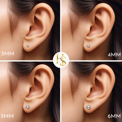 A size comparison infographic showing four sterling silver ball stud earrings, from 3mm to 6mm, worn on the earlobe.