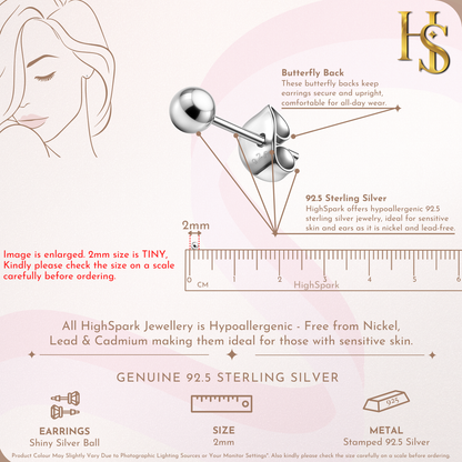 Infographic showing the features of a 2mm ball stud earring in sterling silver, including the butterfly back and a ruler for size reference.