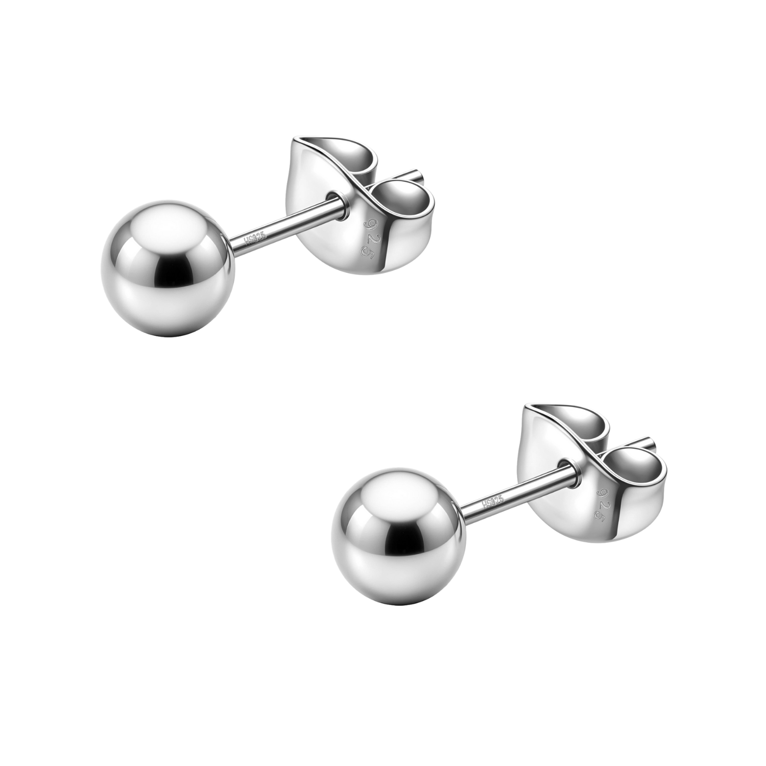 A pair of classic ball stud earrings with butterfly backs, crafted from polished 925 sterling silver and shown on a white background.