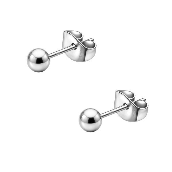 A pair of classic ball stud earrings in polished sterling silver with butterfly push backs, shown on a clean white background.
