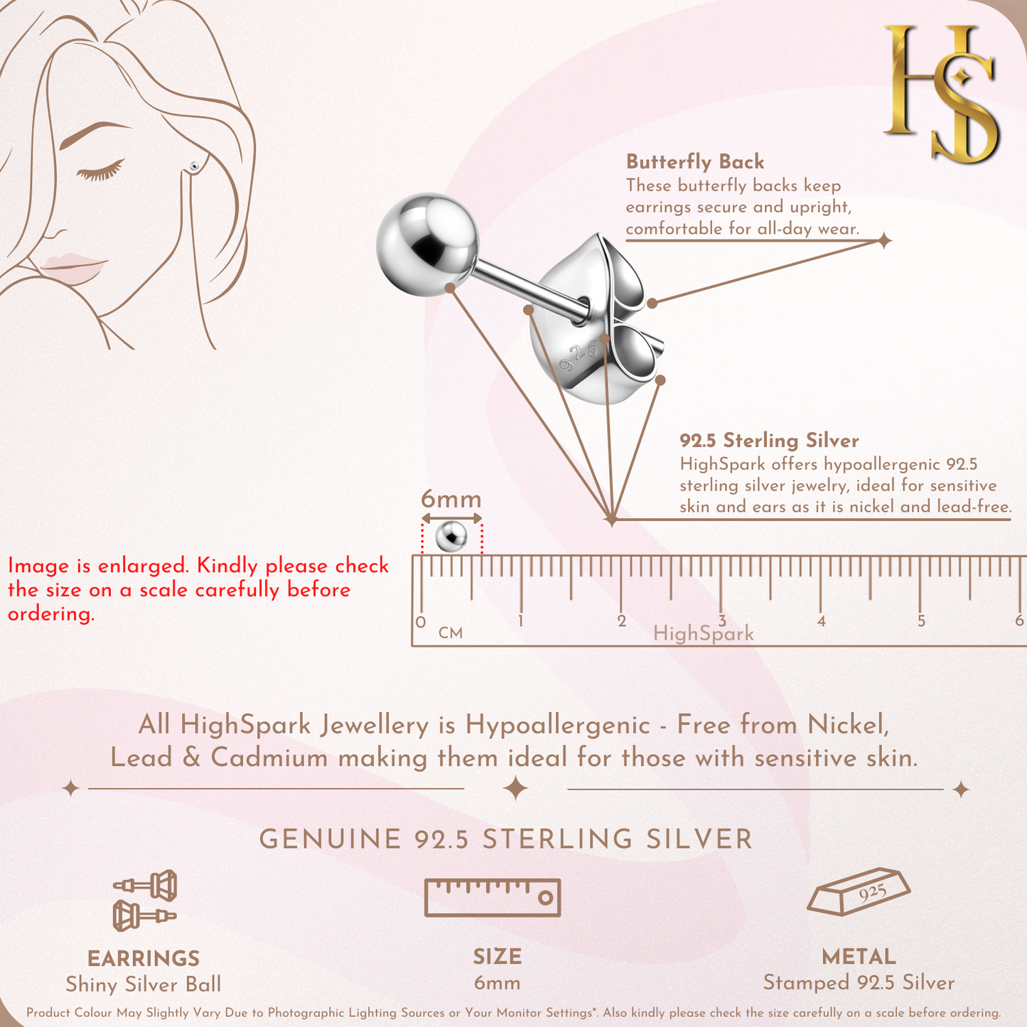 Infographic showing the features of sterling silver ball stud earrings, including a butterfly back and a ruler indicating a 6mm size.