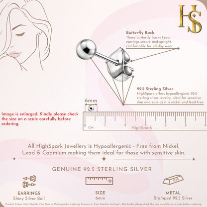 Infographic showing the features of sterling silver ball stud earrings, including a butterfly back and a ruler indicating a 6mm size.
