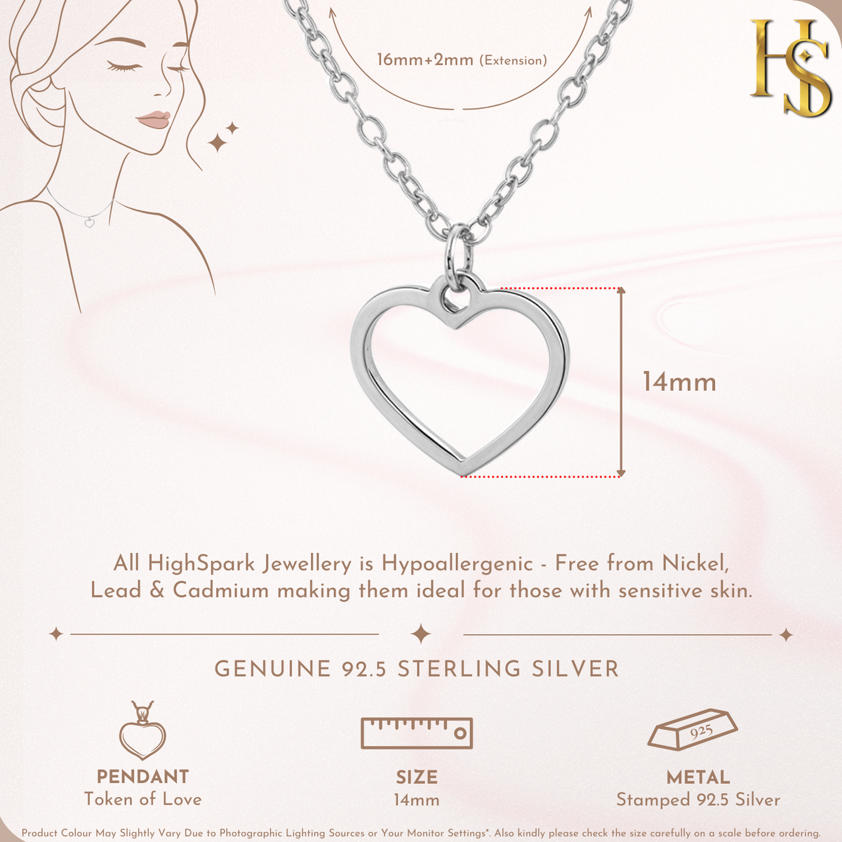 Infographic showing the dimensions of a sterling silver pendant necklace with an open heart motif on a link chain.