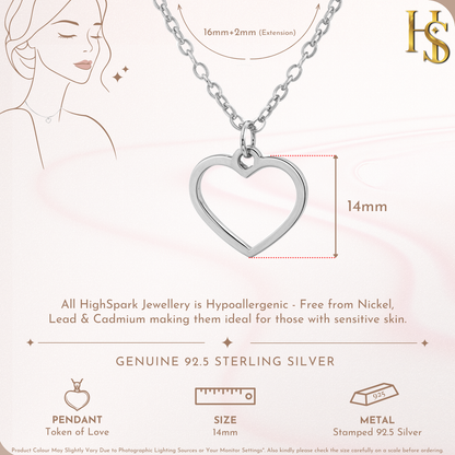 Infographic showing the dimensions of a sterling silver pendant necklace with an open heart motif on a link chain.