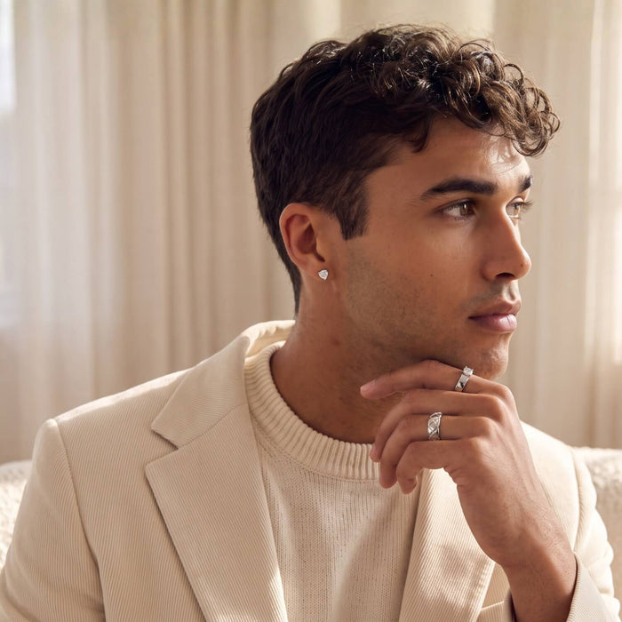 Man wearing a silver stud earring - silver jewellery gifts for him