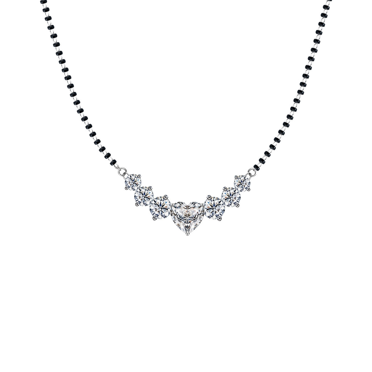 Silver mangalsutra design – heart American diamond in a curved constellation on a black-bead 925 silver chain