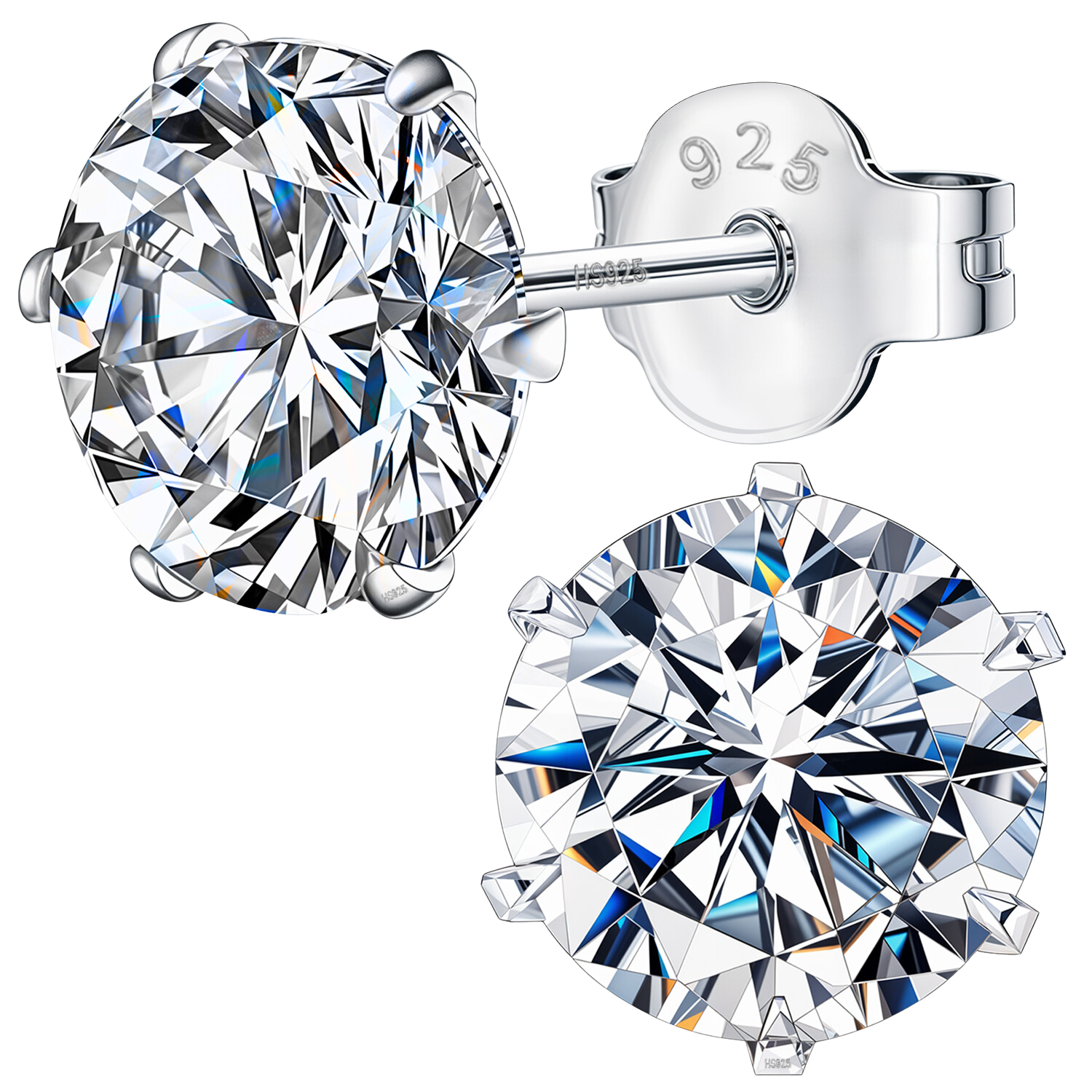 A pair of sterling silver stud earrings with round brilliant-cut American diamonds held in a six-prong setting on a white background.