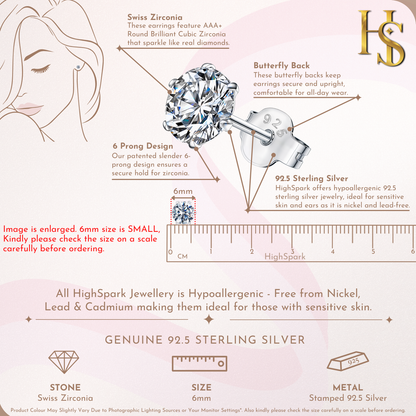 Infographic showing the features of a solitaire stud earring, including its 6mm size on a ruler, 6-prong setting, and butterfly back.