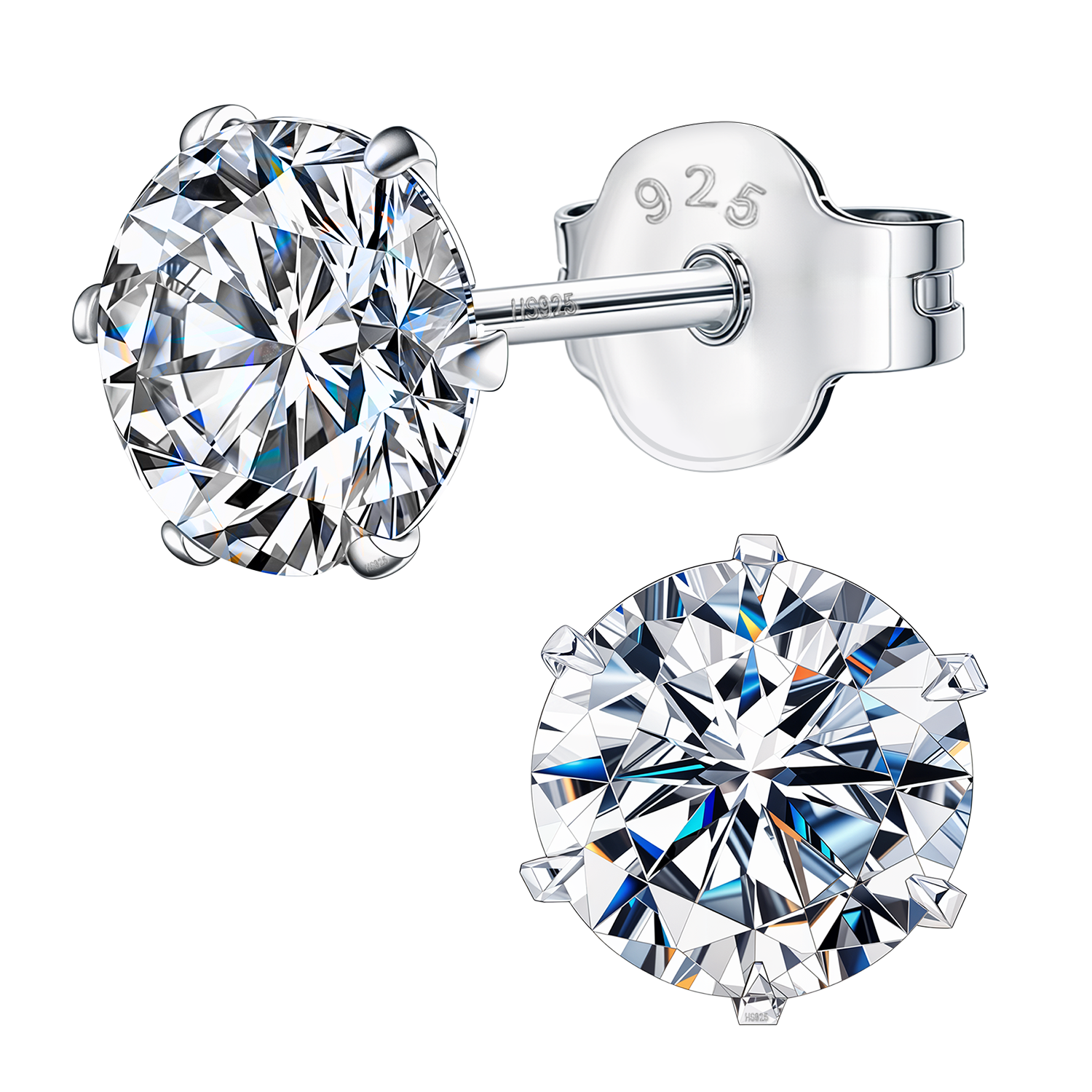 A pair of solitaire stud earrings with round American diamonds in a six-prong setting, made from sterling silver with a push back.