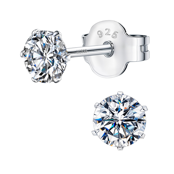 A pair of classic silver earrings featuring round brilliant-cut American diamonds in a six-prong setting, crafted from sterling silver.
