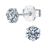 A pair of classic silver earrings featuring round brilliant-cut American diamonds in a six-prong setting, crafted from sterling silver.
