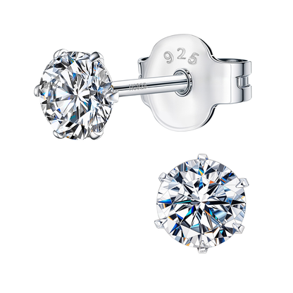 A pair of classic silver earrings featuring round brilliant-cut American diamonds in a six-prong setting, crafted from sterling silver.