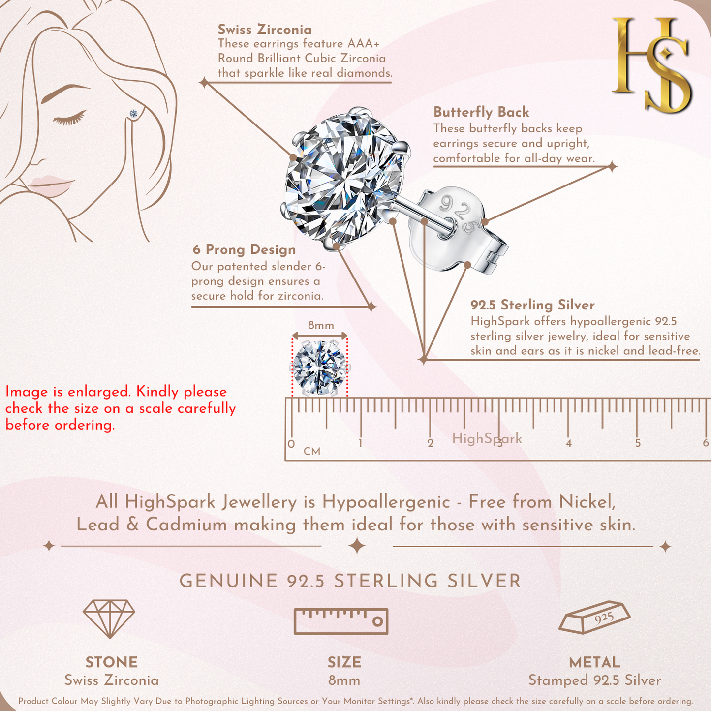 Infographic showing the features of a solitaire stud earring, including the 8mm American diamond, 6-prong setting.