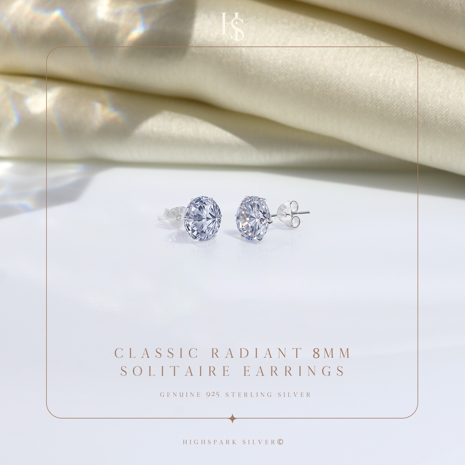 Simple Solitaire Stud Earrings - 92.5 Silver - Round Brilliant Swiss Zirconia Tops for everyday wear HighSpark