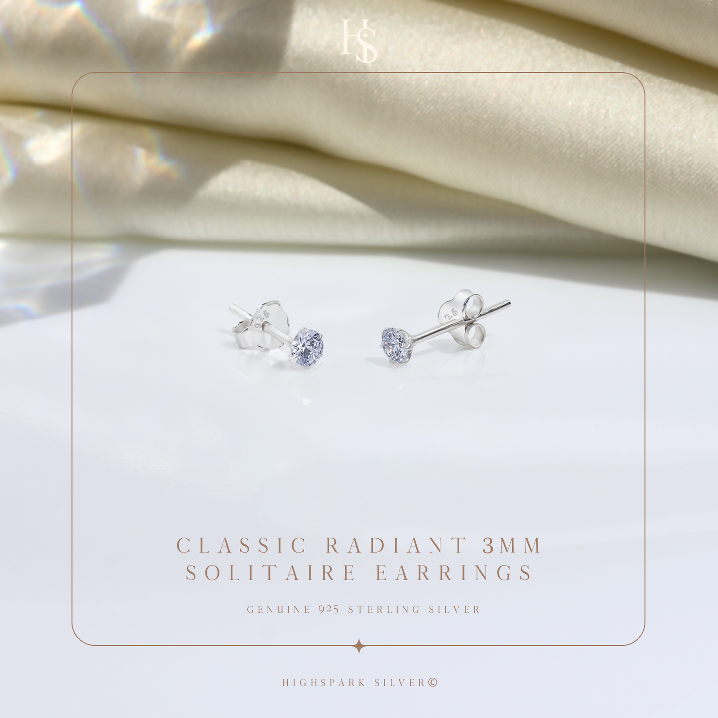 Simple Solitaire Stud Earrings - 92.5 Silver - Round Brilliant Swiss Zirconia Tops for everyday wear HighSpark