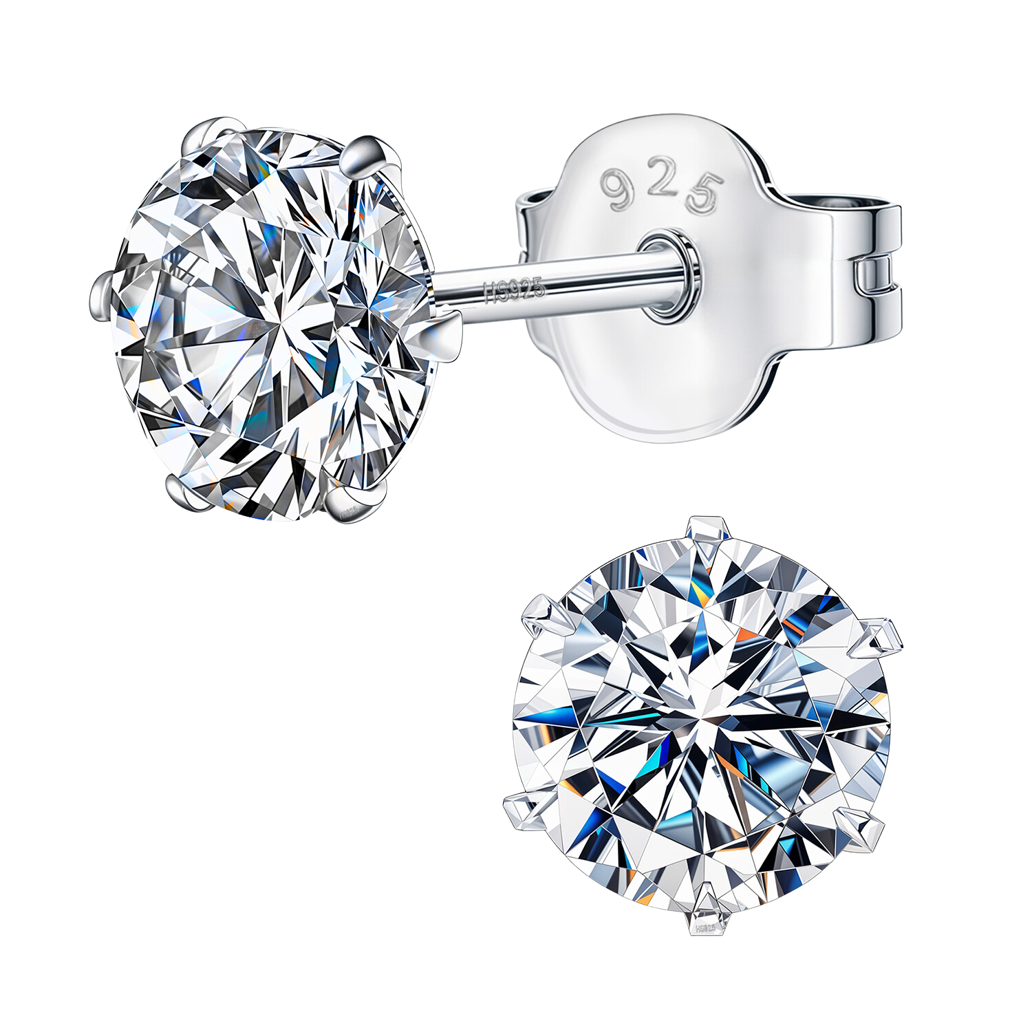 Solitaire stud earrings with a round brilliant-cut American diamond in a six-prong setting, made of sterling silver, on a white background.