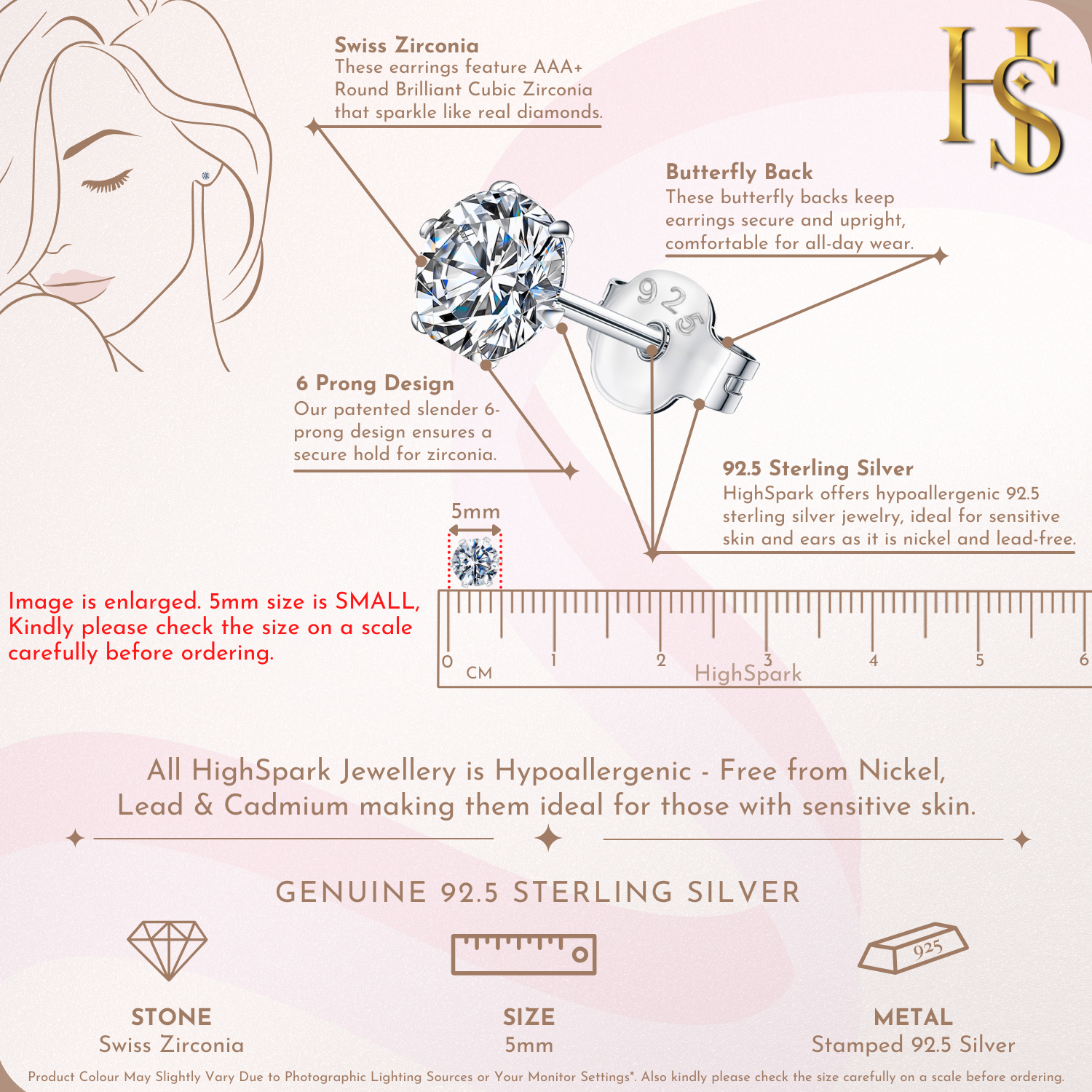 Infographic showing the features of a solitaire stud earring, including its 5mm size on a ruler, 6-prong setting, and butterfly back.