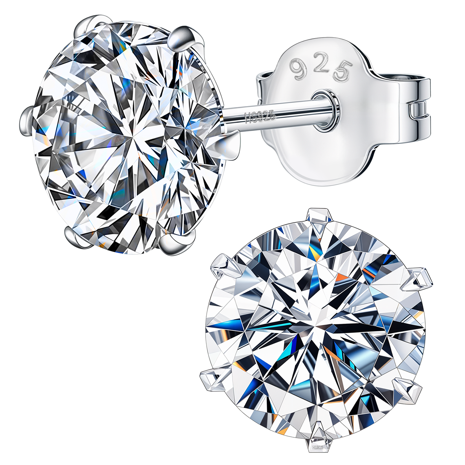 A pair of solitaire stud earrings with round brilliant-cut American diamonds in a six-prong setting, made of 925 sterling silver.