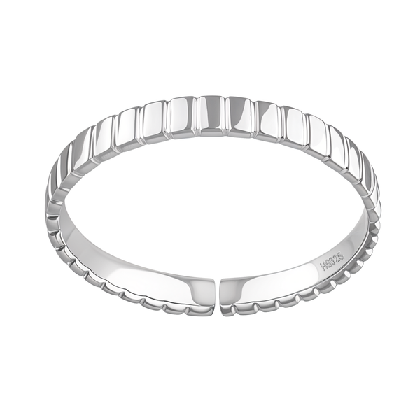 An adjustable band ring in polished sterling silver with a textured pattern of raised rectangular segments, shown on a white background.