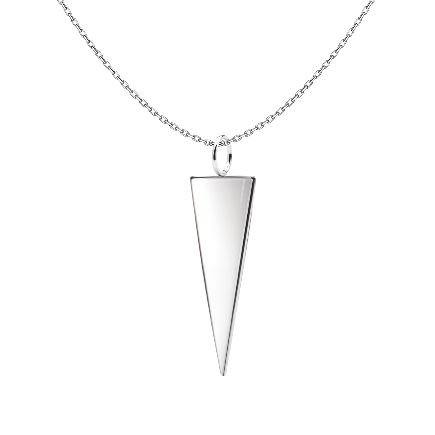A sterling silver pendant necklace with a long, triangular spike pendant on a simple link chain, shown on a white background.