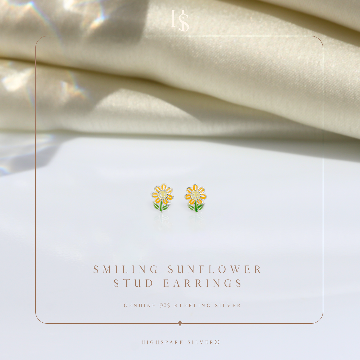 Smiling Sunflower Cute Enamel Stud Earrings in 925 Sterling Silver HighSpark