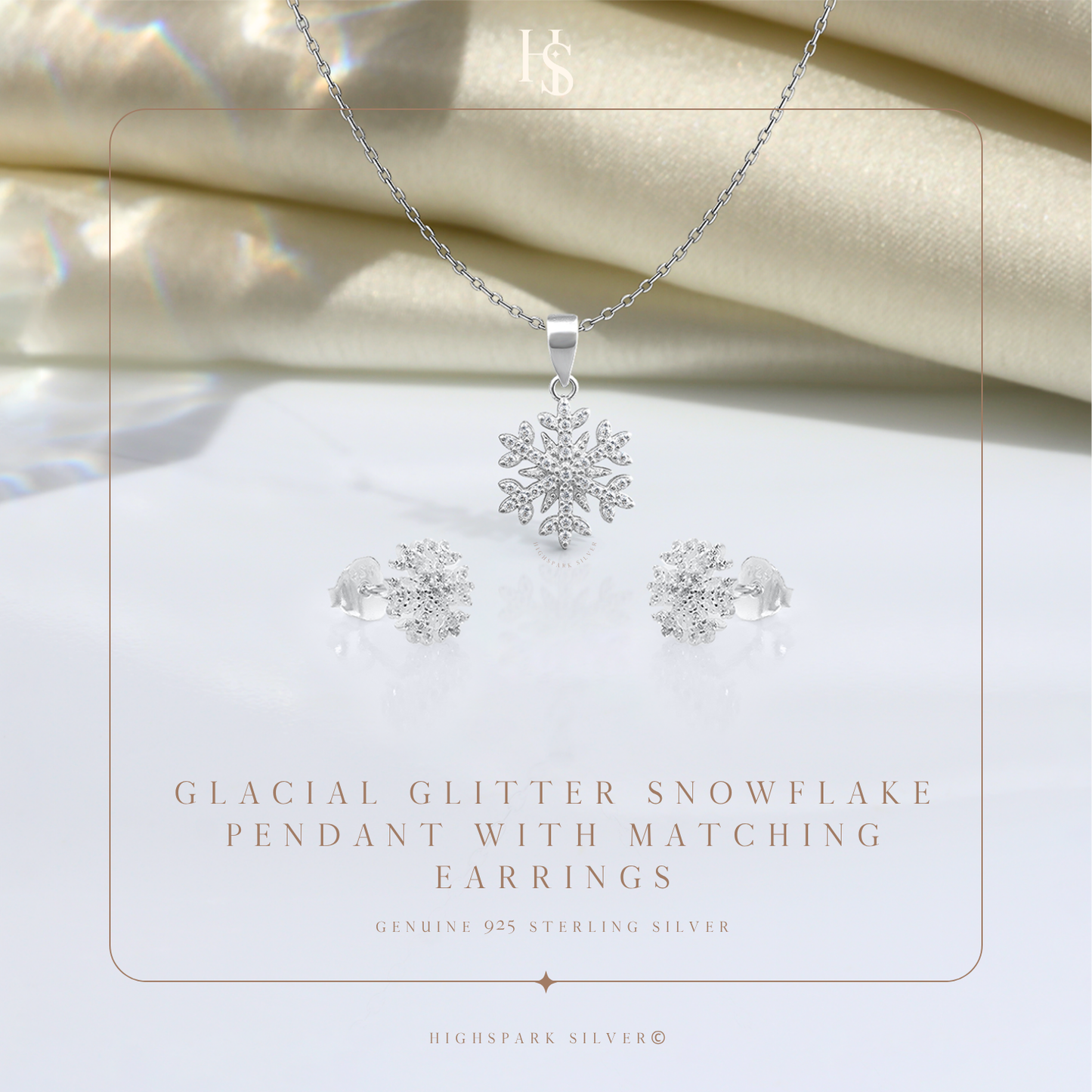 Snowflake Solitaire Earrings, Pendant & Chain Set in 92.5 Sterling Silver With Diamond like Brilliance Zirconia HighSpark