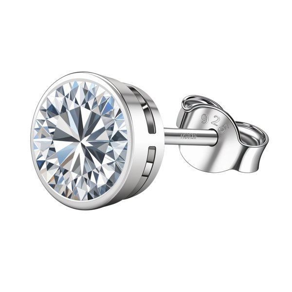 A single round solitaire stud earring for men with a brilliant American diamond in a bezel setting, crafted from 925 sterling silver.