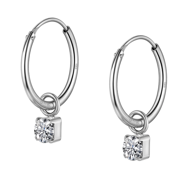 A pair of sterling silver dangling hoop earrings with a round American diamond in a four-prong setting, shown on a white background.