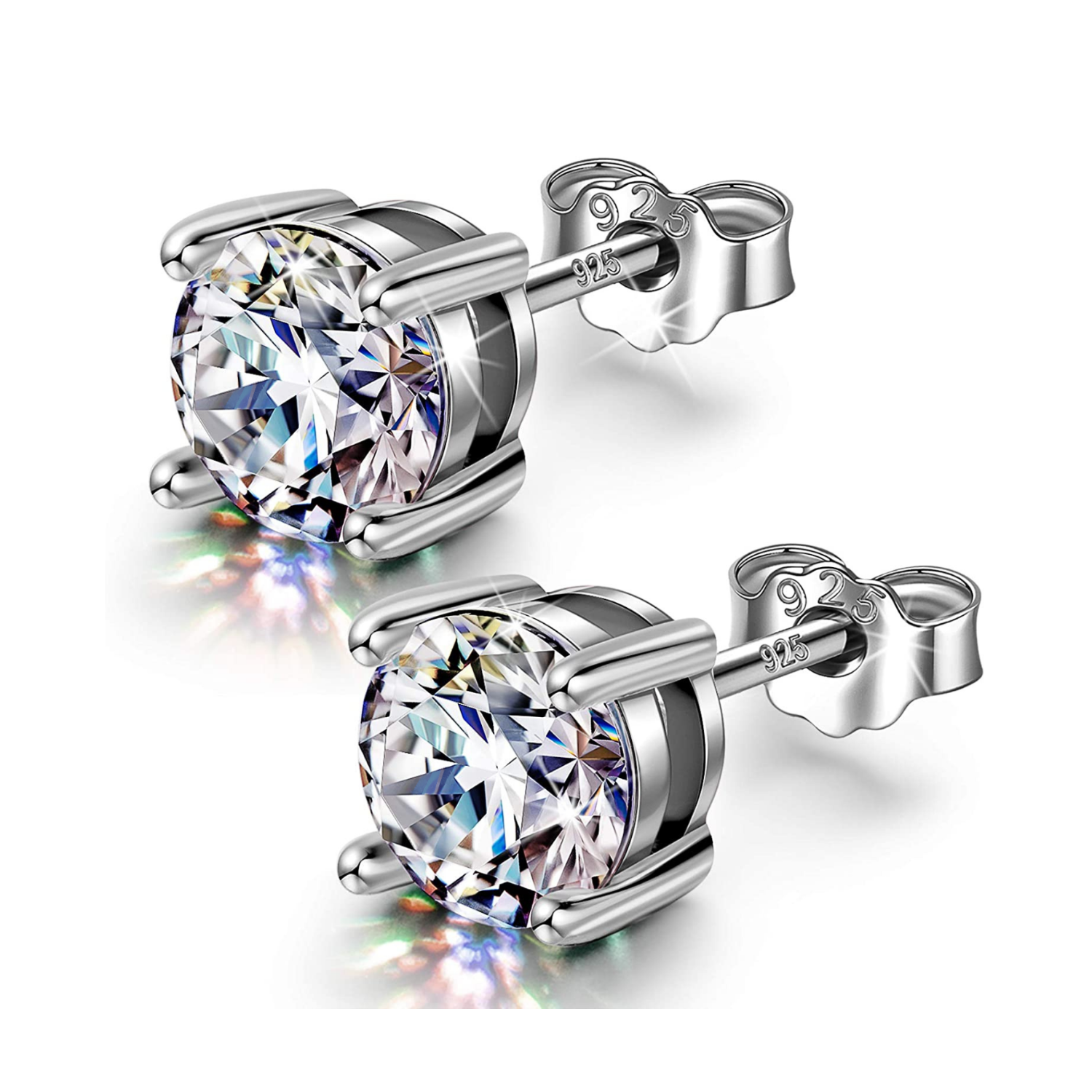 A pair of classic solitaire stud earrings for men, featuring round American diamonds in a four-prong setting of polished 925 sterling.