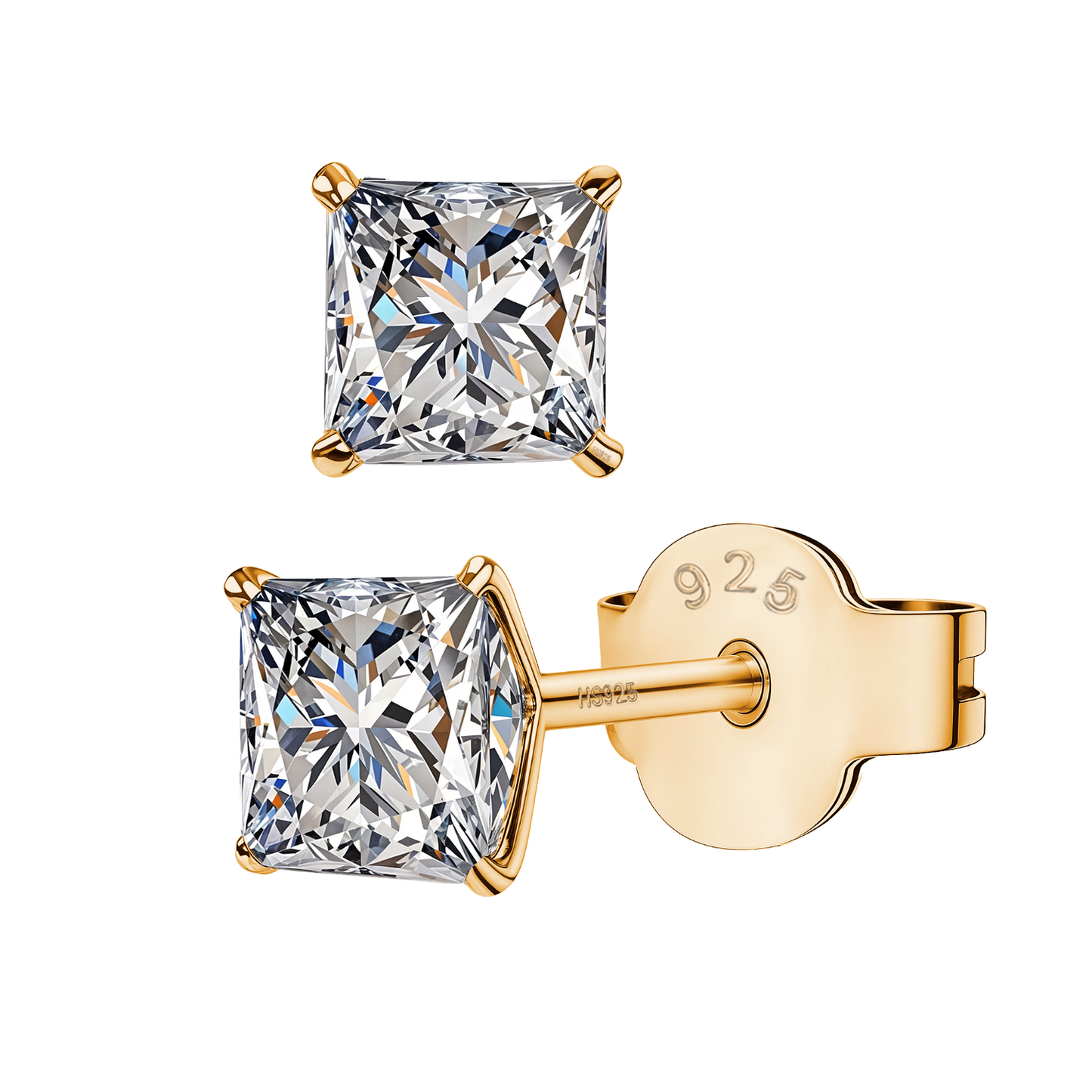 A pair of gold-plated stud earrings with a princess-cut American diamond in a four-prong setting, shown on a white background.