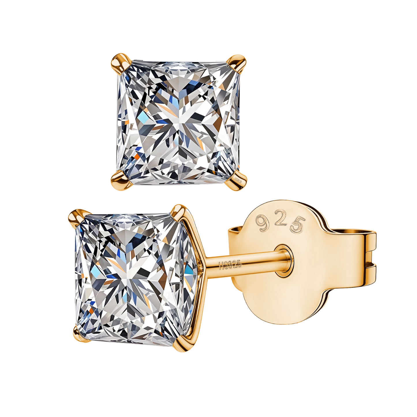 Solitaire Gold Square Stud Earrings in 92.5 Silver - Princess Cut - Brilliant Swiss Zirconia - 18k gold Finish HighSpark