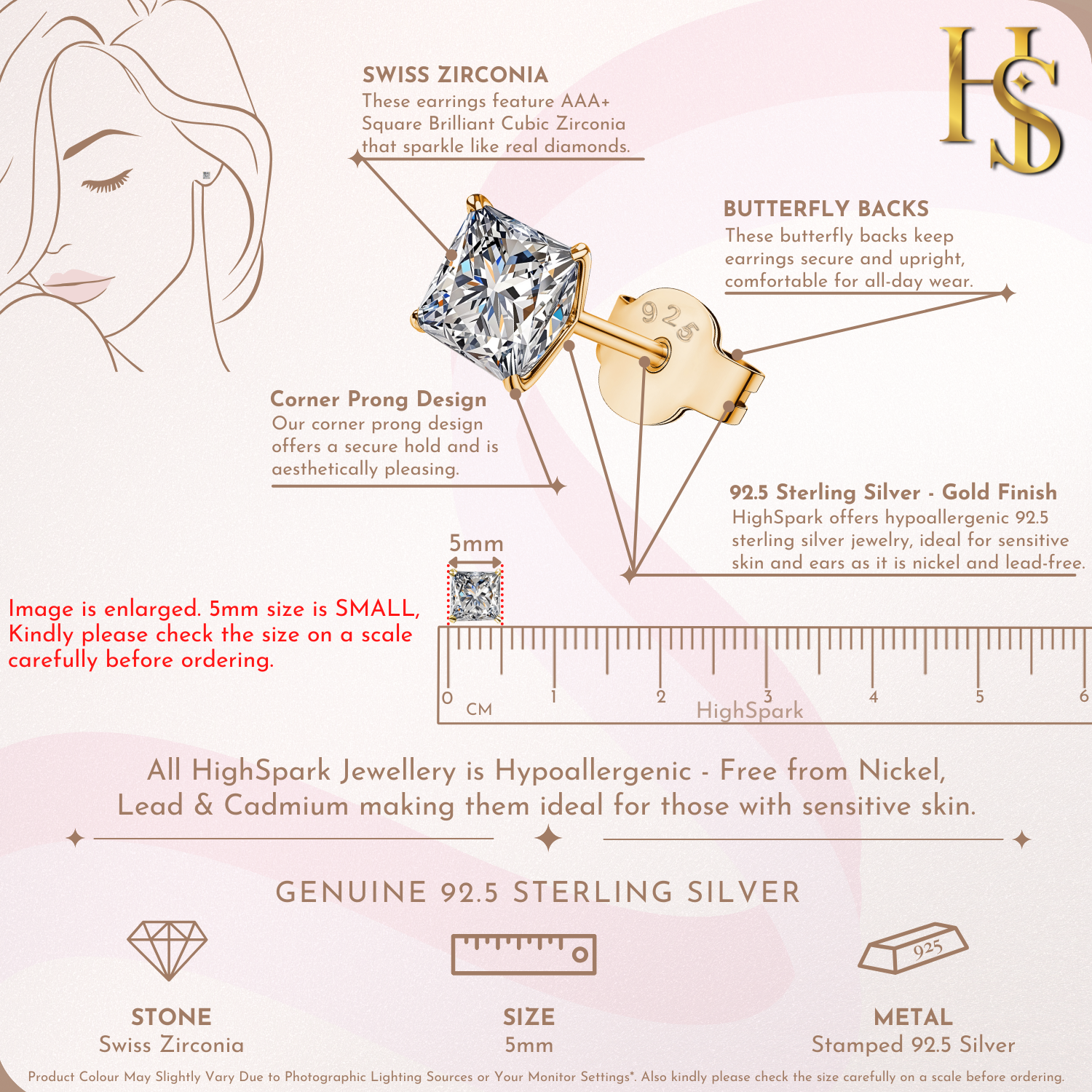 Infographic showing the features of gold-plated stud earrings with a 5mm princess-cut American diamond in a four-prong setting.