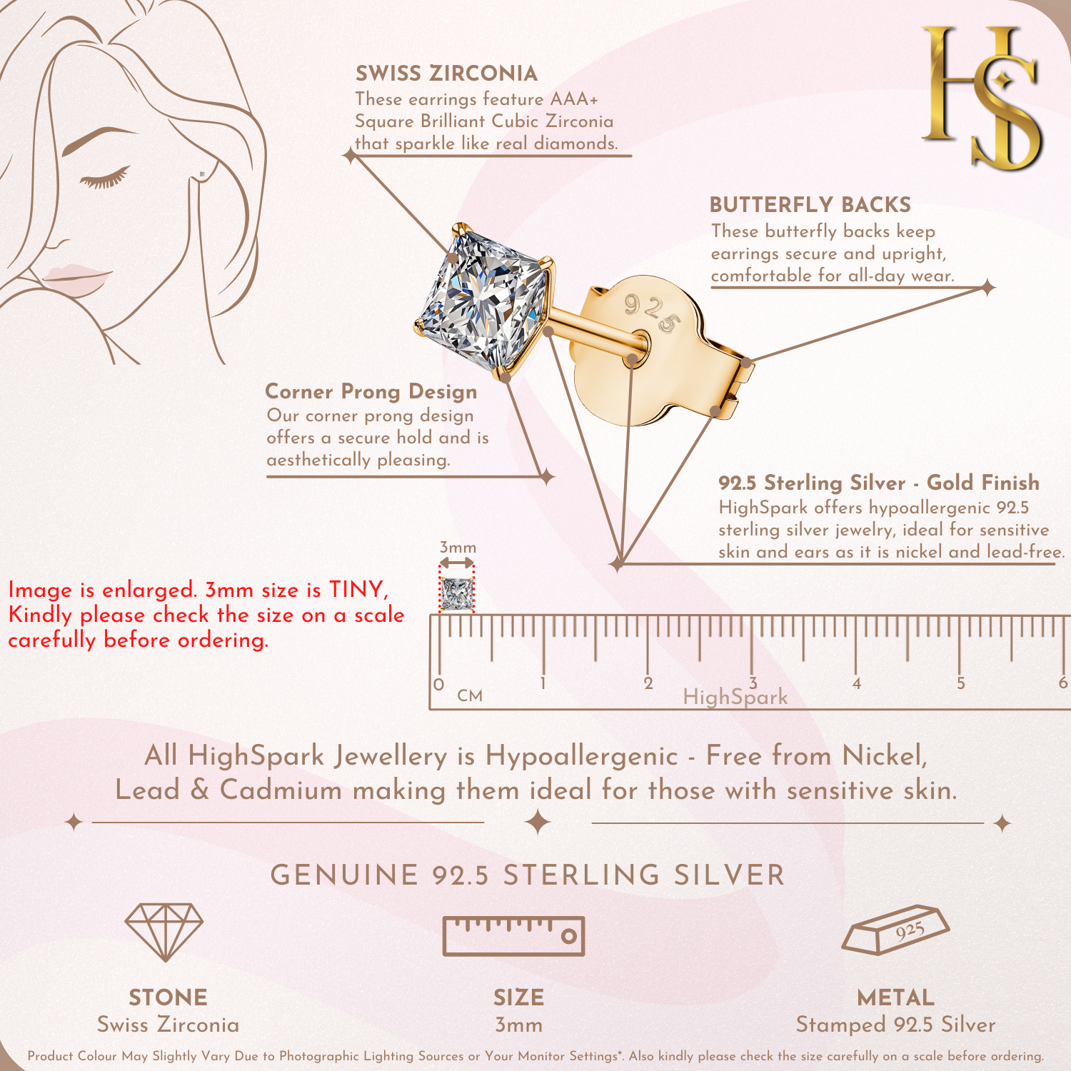 Infographic showing the features of gold-plated stud earrings with a princess-cut American diamond, including size on a ruler.