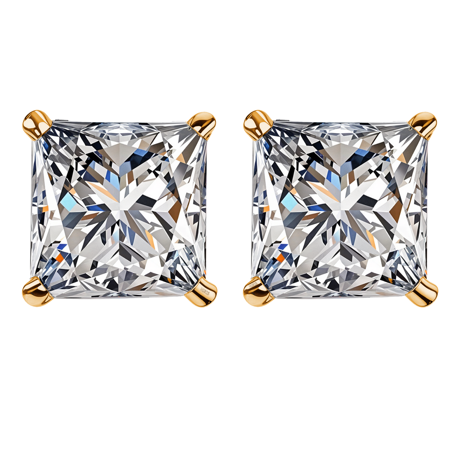 A pair of stud earrings with princess-cut American diamonds in a four-prong setting with a gold-plated finish on a white background.
