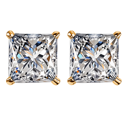 A pair of stud earrings with princess-cut American diamonds in a four-prong setting with a gold-plated finish on a white background.