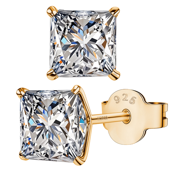 A pair of solitaire stud earrings with square princess-cut American diamonds in a four-prong setting.